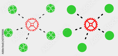 Dotted and flat gear links icons. Vector mosaic of gear links constructed of irregular square particles and circle points.