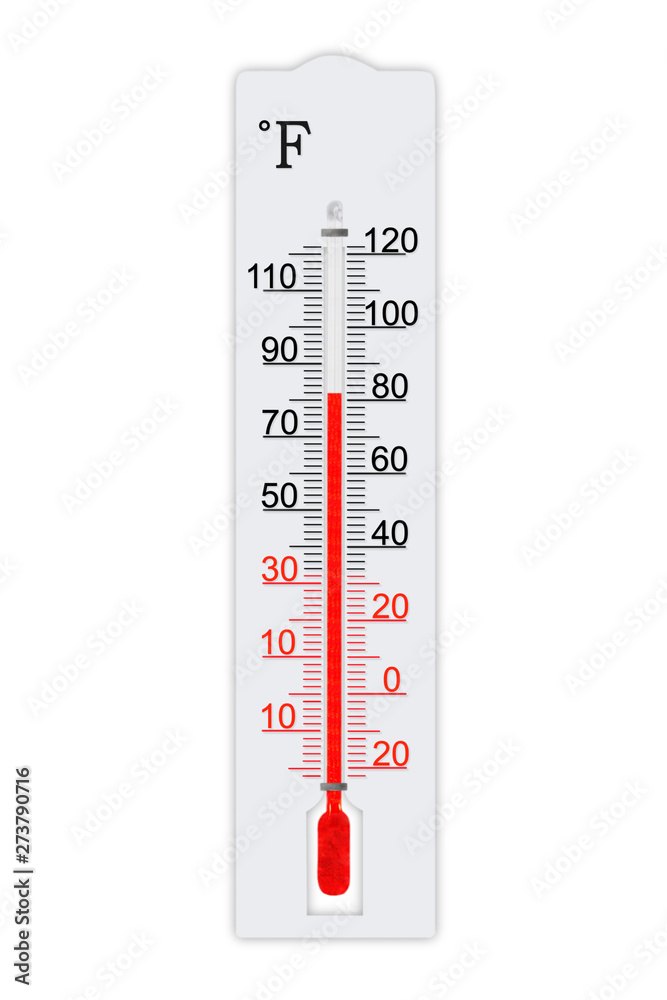 Fahrenheit scale measurement system. Thermometer for measuring air  temperature isolated on white background. Air temperature plus 82 degrees  fahrenheit foto de Stock