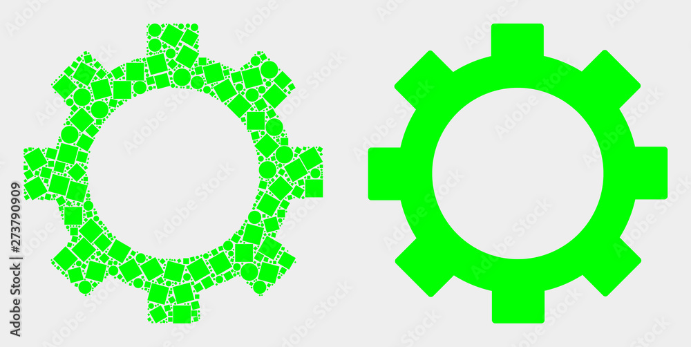 Dot and flat gear icons. Vector mosaic of gear composed of scattered rectangle elements and round elements.