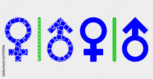 Dot and flat gender symbols icons. Vector mosaic of gender symbols designed of randomized dots and circle pixels.