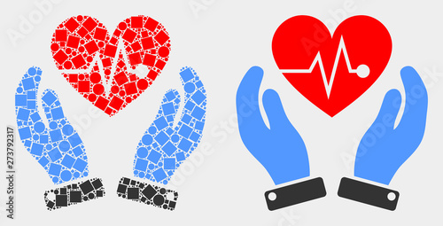 Pixel and flat heart surgery care hands icons. Vector mosaic of heart surgery care hands organized of randomized small rectangles and spheric pixels.