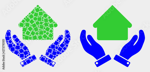 Dot and flat house care hands icons. Vector mosaic of house care hands constructed of random square pixels and round pixels.