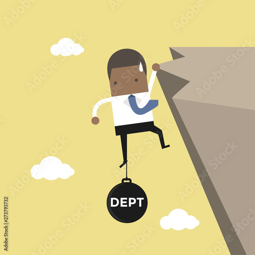 African businessman try hard to hold on the cliff with debt burden.