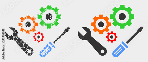 Dotted and flat instrumental tools icons. Vector mosaic of instrumental tools constructed of random square elements and spheric elements.