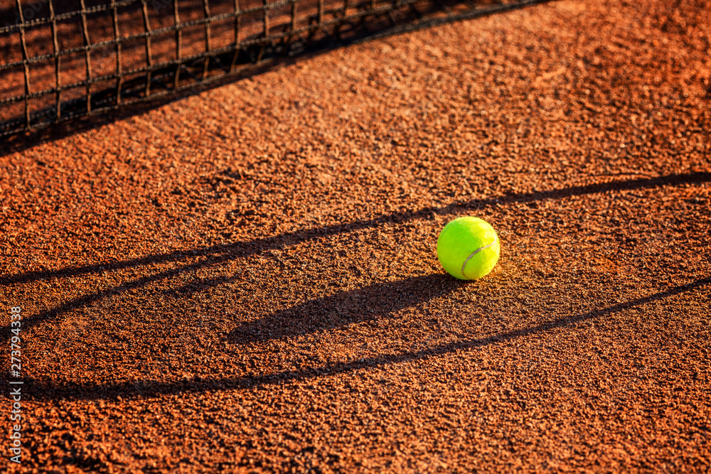 Tennis racket with a ball near the net on the earthen court. Sunny day. Close-up.