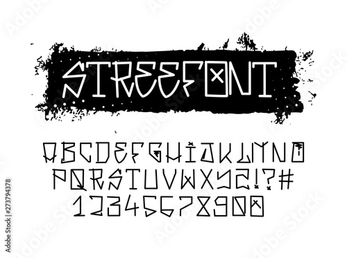 Street font, graffiti alphabet. Vector Handwritten typography. Urban tag font, street tags, trendy street symbols and numbers, gangster tags. Vector isolated set