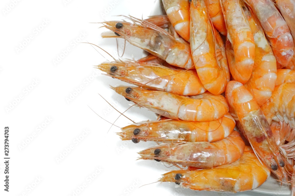 Top view of steamed shrimp isolated on white background, Ready to serve or eat, selective focus