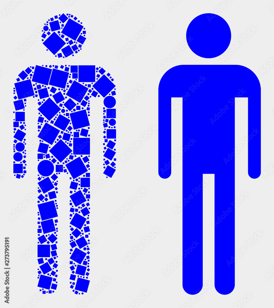 Dotted and flat man icons. Vector mosaic of man created of irregular dots and circle dots. Dotted and flat man icons. Vector mosaic of man created of irregular dots and circle dots.