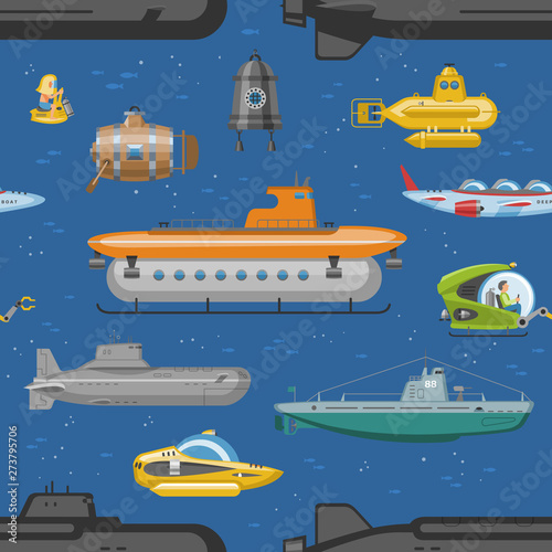 Submarine vector sea pigboat or marine sailboat yellow underwater and ship transport ships and boats in deep ocean illustration nautical set of shipping boat with periscop transportation background