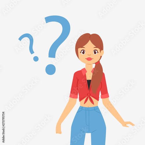 Thinking question dreaming woman girl troubled panic vector dreamer pensive woman character thinking about dreams illustration of think imagination think about problem, isolated on white background