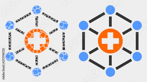Pixel and flat medical links icons. Vector mosaic of medical links composed of randomized rectangle elements and spheric pixels.
