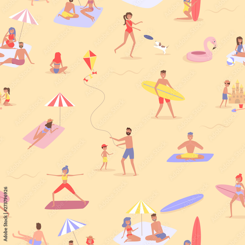 Summer beach concept seamless pattern. Different scenes of people on the beach. People relax on the beach, sunbathe, play sports and yoga. Editable vector illustration. Summer beach concept seamless pattern. Different scenes of people on the beach. People relax on the beach, sunbathe, play sports and yoga. Editable vector illustration.