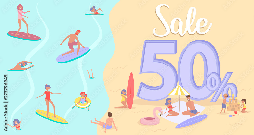 Fototapeta premium Summer beach concept discount poster. Different scenes of people on the beach. People relax on the beach, sunbathe, play sports and yoga, swiming in the sea, ride the surf. Editable vector illustratio