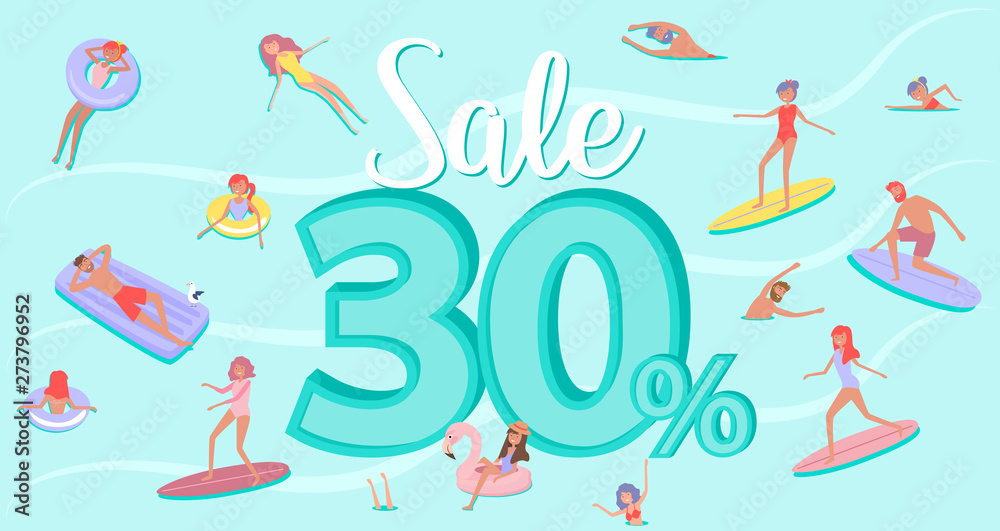 Summer beach concept sale poster, discount. Different scenes of people on the beach. People relax on the beach, swiming in the sea, ride the surf. Editable vector illustration.