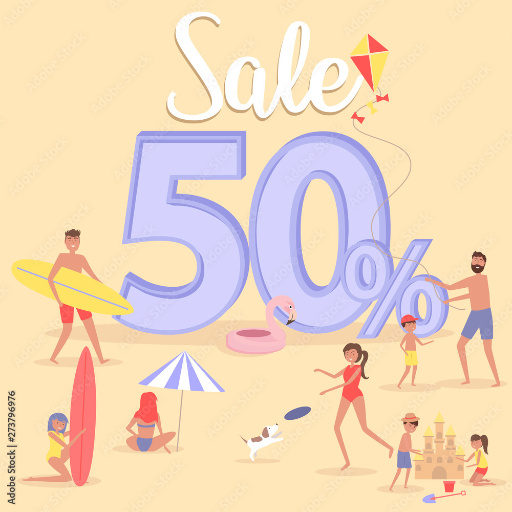 Summer beach concept discount poster, offer, sale illustration. Different scenes of people on the beach. People relax on the beach, swiming in the sea, ride the surf. Editable vector illustration.