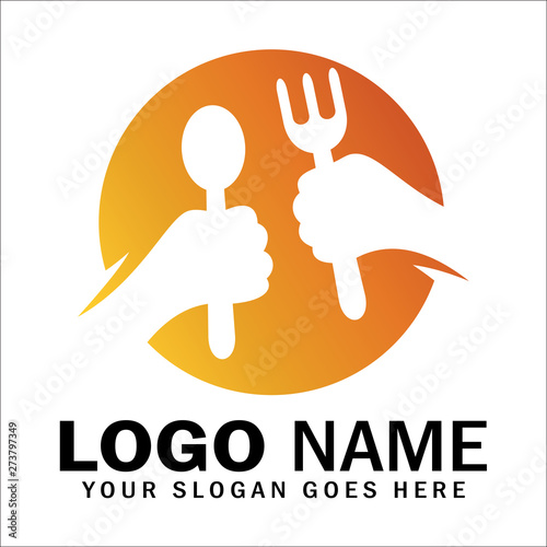 Fork and spoon symbol, logo of the hand holds the cutlery with circle shape, restaurant logo or place to eat