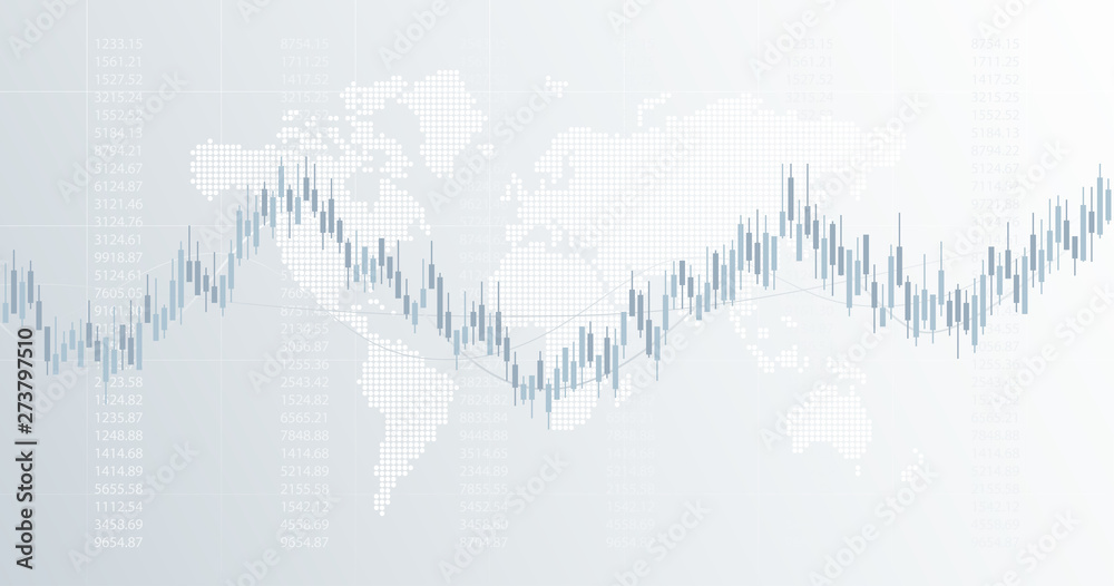 Widescreen abstract financial chart with candlestick graph and world map on black and white color background