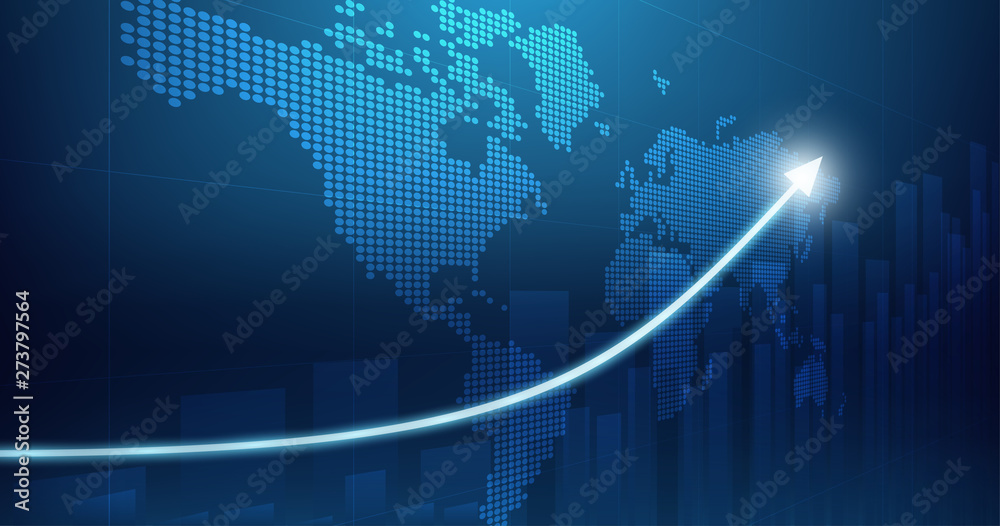 widescreen abstract financial chart with uptrend line arrow graph and world map on blue color background widescreen abstract financial chart with uptrend line arrow graph and world map on blue color background