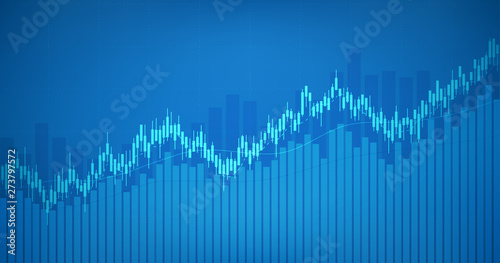 Widescreen Abstract financial graph with uptrend line and candlestick chart of stock market in blue color background
