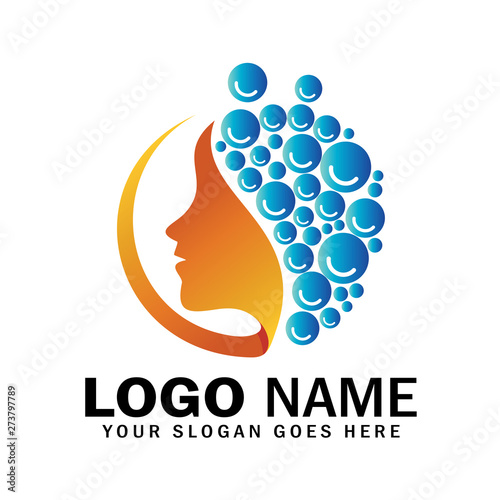 Hair and beauty care logo, illustration of a woman's face with foaming hair or using shampoo