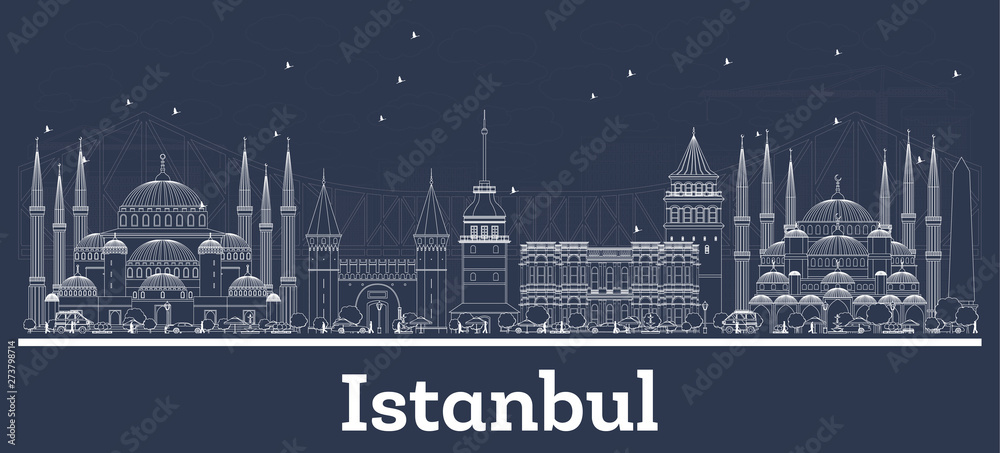 Fototapeta premium Zarys panoramę miasta Stambuł Turcja z białymi budynkami.