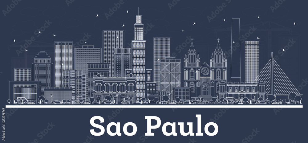 Outline Sao Paulo Brazil City Skyline with White Buildings.
