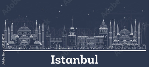 Outline Istanbul Turkey City Skyline with White Buildings.