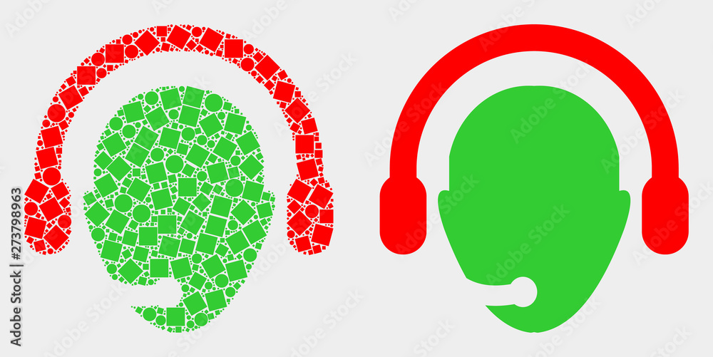 Pixel and flat operator head icons. Vector mosaic of operator head formed of randomized square dots and spheric dots. Pixel and flat operator head icons. Vector mosaic of operator head formed of randomized square dots and spheric dots.
