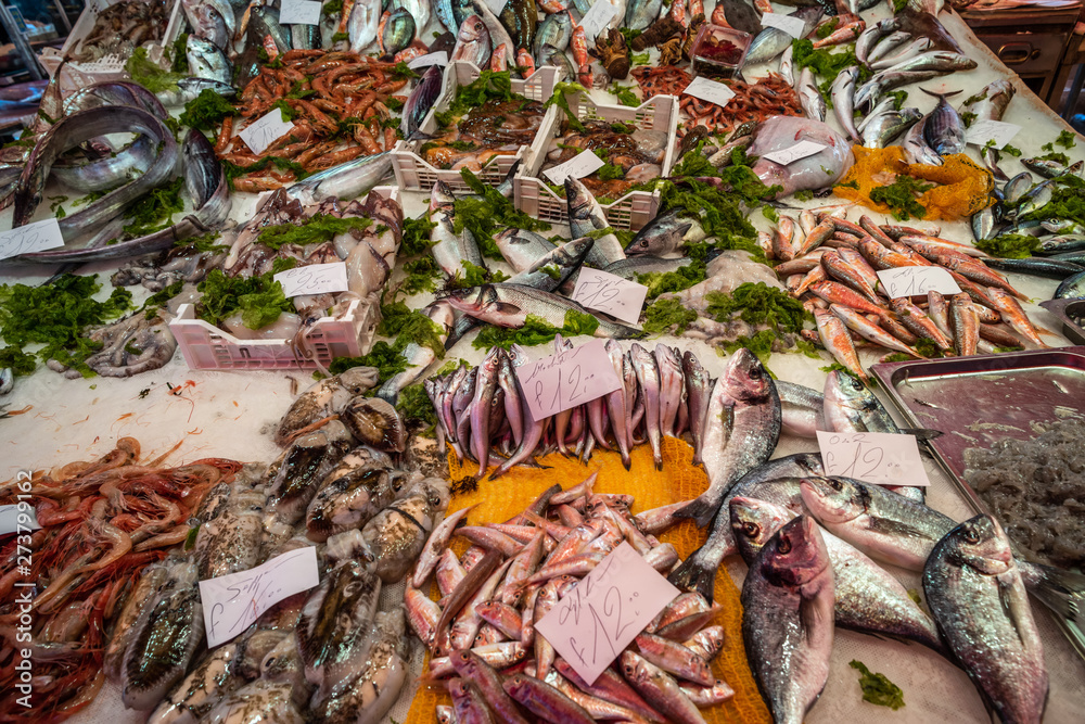 Seafood at La Pescheria fish market in Catania, Sicily, Italy