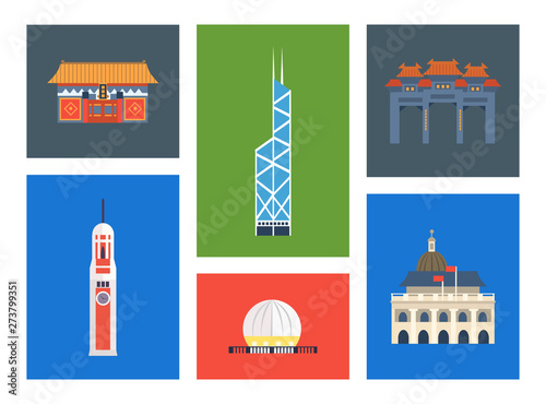 Hong Kong City Landmarks Set, Chinese Cultural Elements Vector Illustration