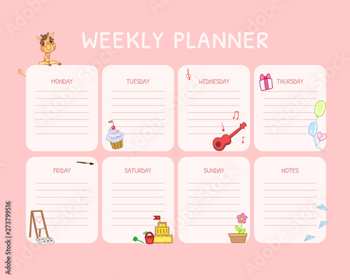 Kids Weekly Planner, Calendar Daily Pink Template, Organizer and Schedule with Place for Notes Vector Illustration