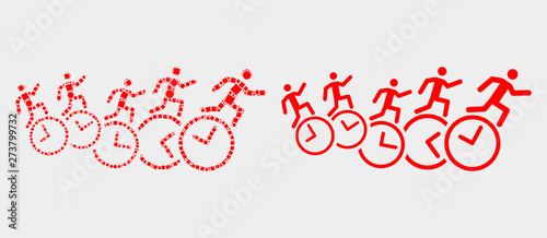Pixel and flat people run over clocks icons. Vector mosaic of people run over clocks organized of irregular small squares and round items.