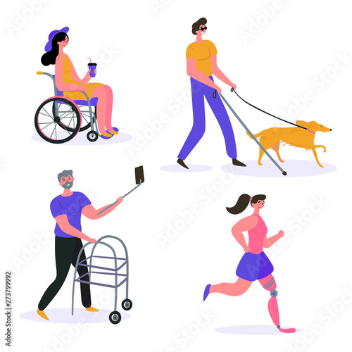 Happy disabled people. Woman runs with prosthesis, blind man with dog guide, girl on wheelchair drinks smoothie cocktail, man with assistive walker. Vector flat illustration