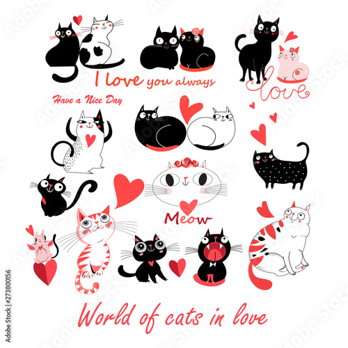 Vector festive funny set of enamored cute cats