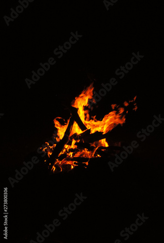Bonfire burns on the beach on the rocks at night.