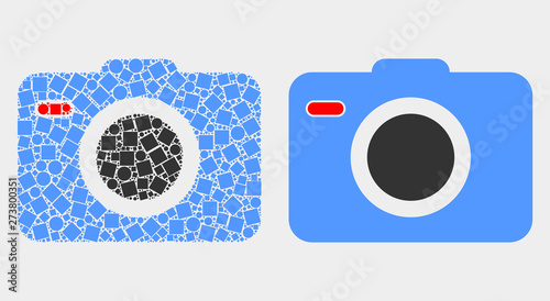 Dotted and flat photo camera icons. Vector mosaic of photo camera formed of scattered square dots and spheric dots.