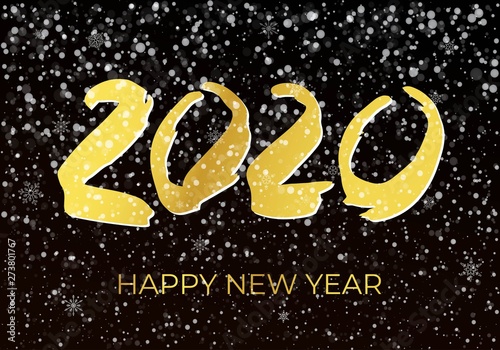 2020 happy new year postcard with falling snow in the dark  frozen numbers 2020  snowdrifts  flat style design vector illustration on black background. Year of the metal rat.