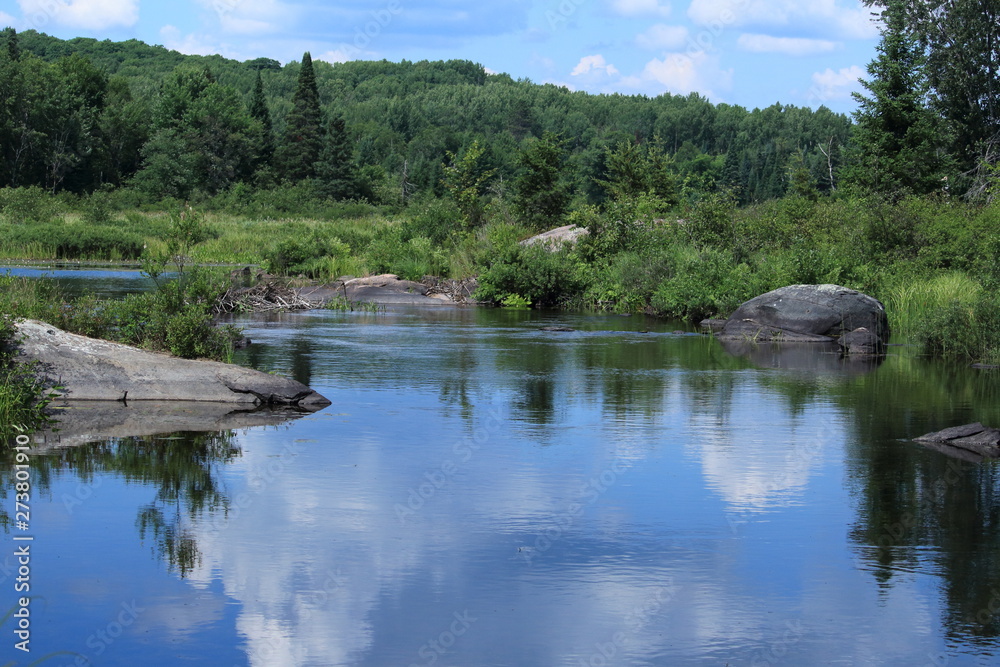 Flat lake in forest, blue sky, reflection Flat lake in forest, blue sky, reflection