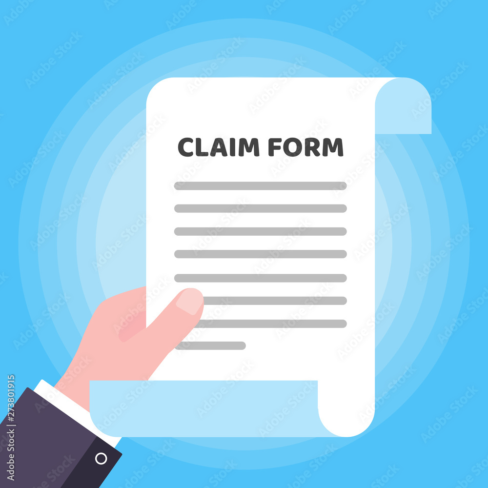 Hand hold page of paper with claim form to fill out, text on it flat style design isolated on light blue background vector illustration.