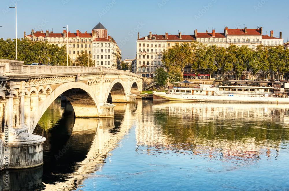 River and bridge in a city in Lyon, France