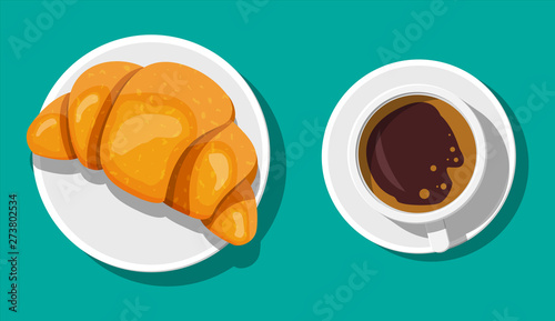 Coffee cup and french croissant. Coffee hot drink. Concept for cafe, restaurant, menu, desserts, bakery. Breakfast top view. Vector illustration in flat style