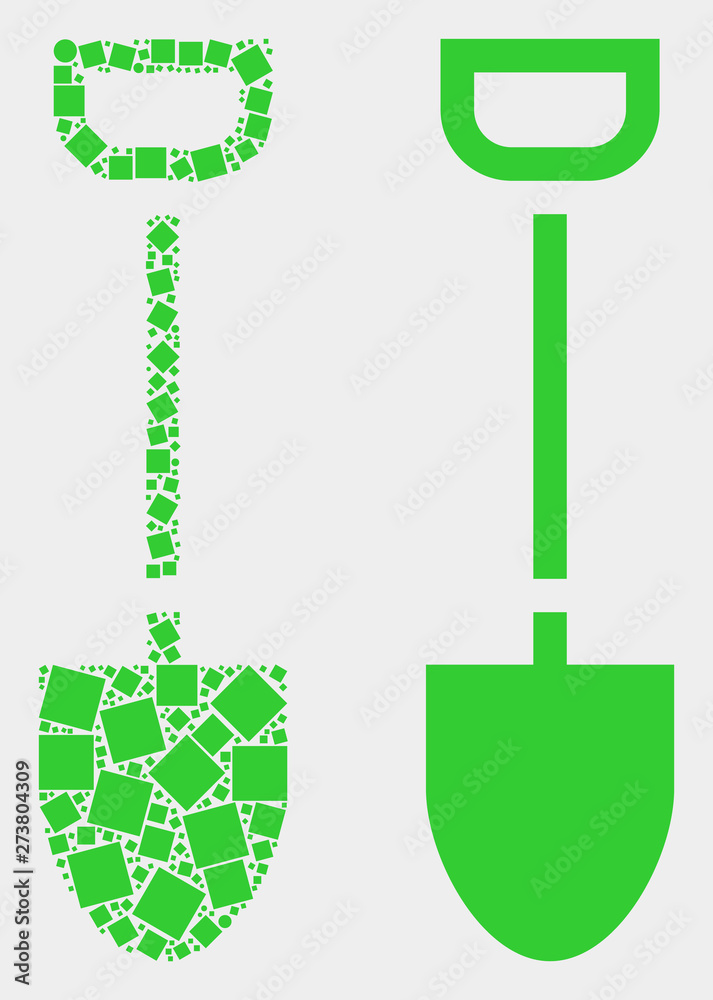 Dotted and flat shovel icons. Vector mosaic of shovel formed with scattered rectangle elements and round elements. Dotted and flat shovel icons. Vector mosaic of shovel formed with scattered rectangle elements and round elements.