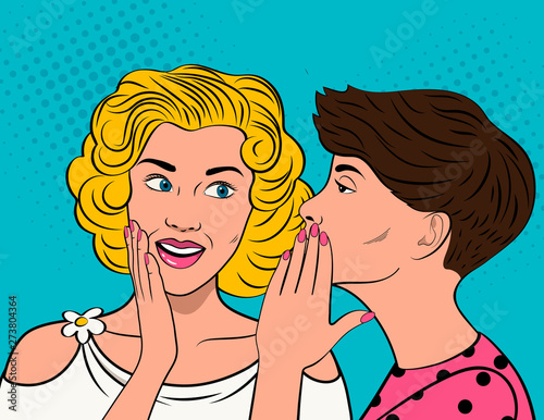 Gossiping girl whispering in ear secrets, rumor. Word-of-mouth. Close up. Vector illustration in Pop Art  style