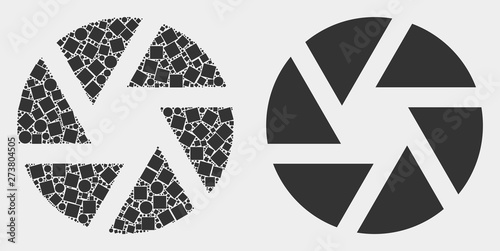 Pixel and flat shutter icons. Vector mosaic of shutter constructed of randomized rectangle elements and circle elements.