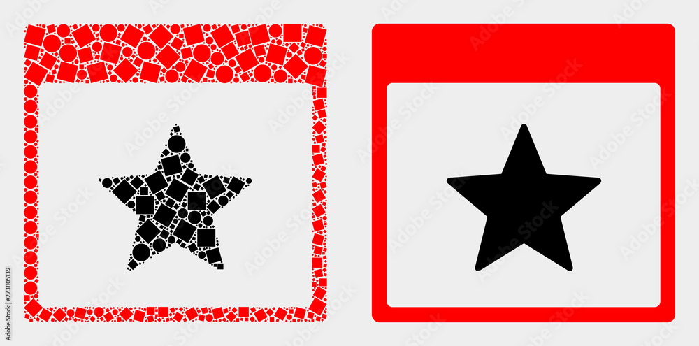 Pixel and flat star calendar page icons. Vector mosaic of star calendar page organized of scattered dots and round dots.