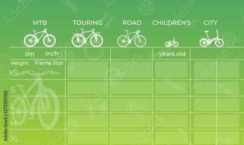 Bicycles of various types for a specific size, infographic.
