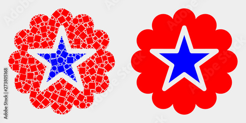 Dot and flat star rosette icons. Vector mosaic of star rosette combined of randomized rectangle elements and round items.