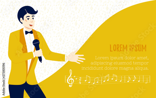 Showman or singer with a microphone. Event Management and Party Organization. Poster design template