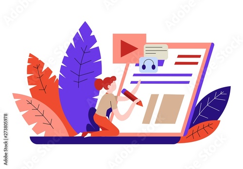 Student writing online test Internet education girl and laptop