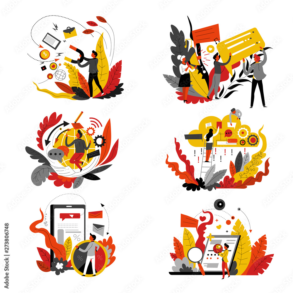 Digital marketing isolated icons abstract concept media and network